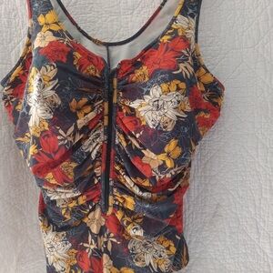Floral Zip-Front Swimsuit in Black with Red & Yellow Flowers !!